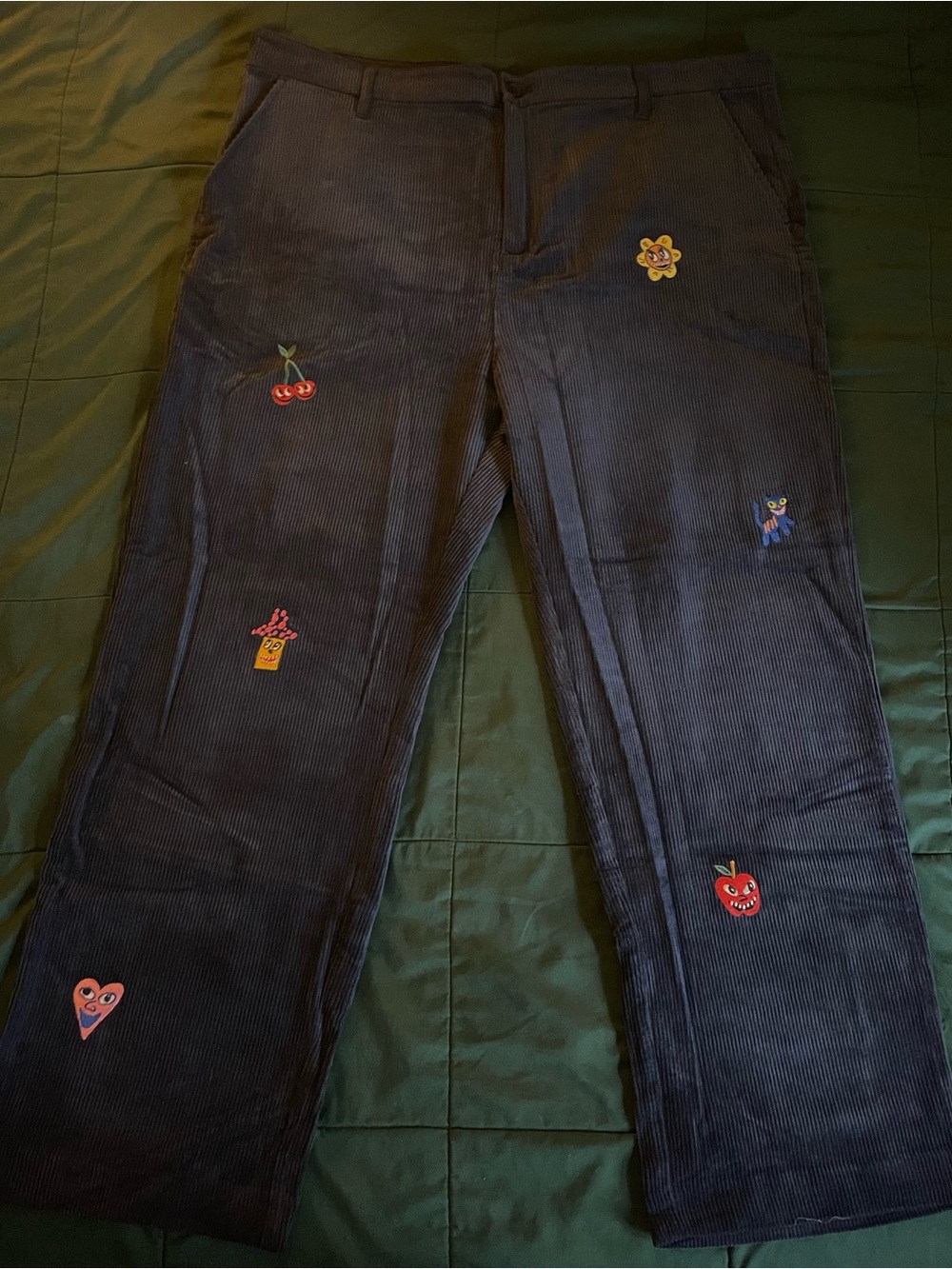 Teddy Fresh- BlueCorduroy Pants with Embroidered Characters